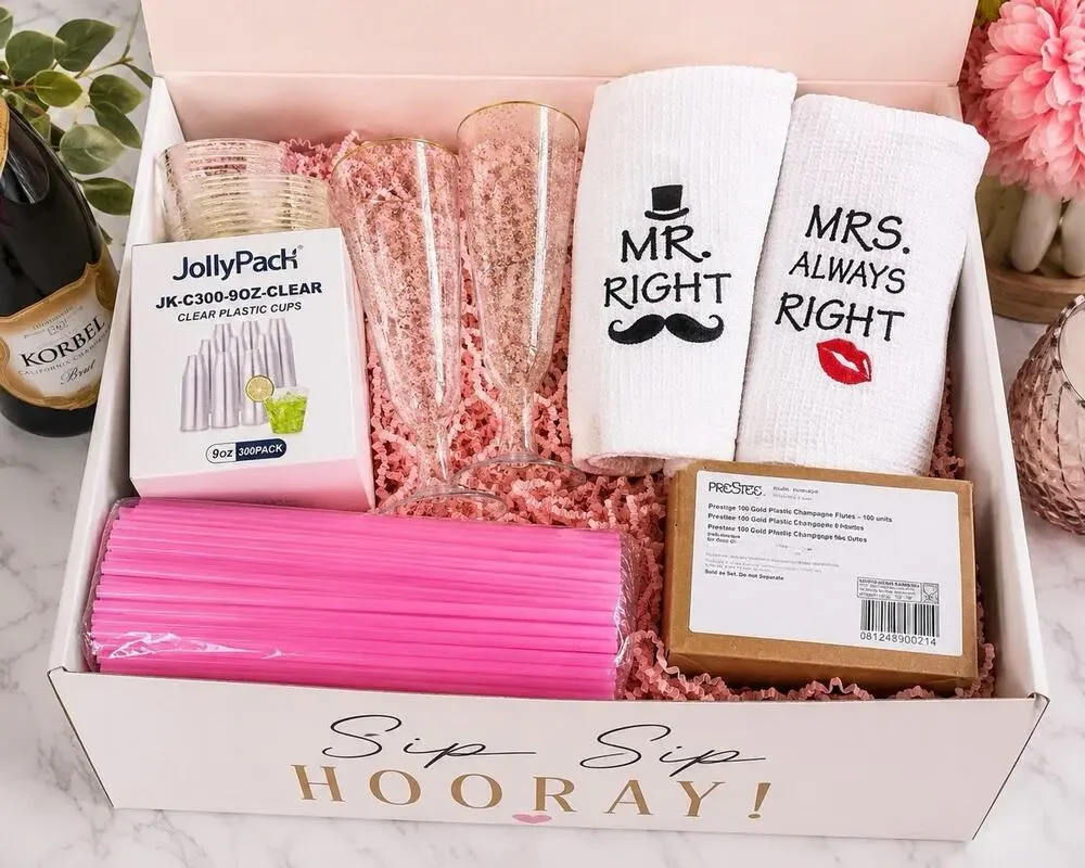 Bride & Groom Celebration Gift Box Champagne Flutes Party Bundle Set